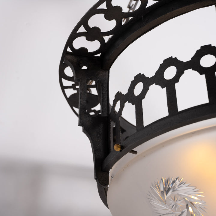 Large Scale Wrought Iron & Cast Brass Plafonnier with Rare Jefferson Satin & Cut Crystal Bowl