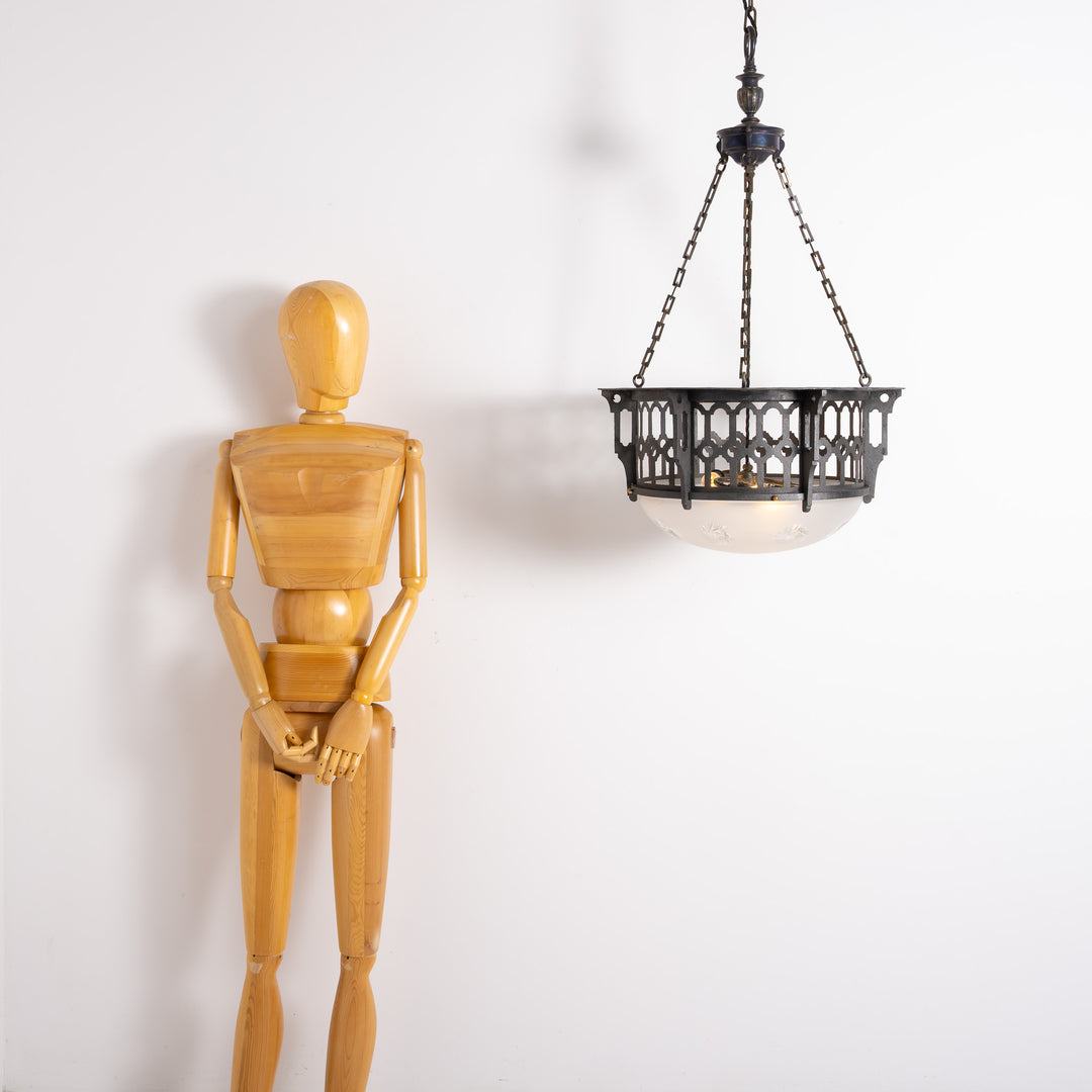 Large Scale Wrought Iron & Cast Brass Plafonnier with Rare Jefferson Satin & Cut Crystal Bowl