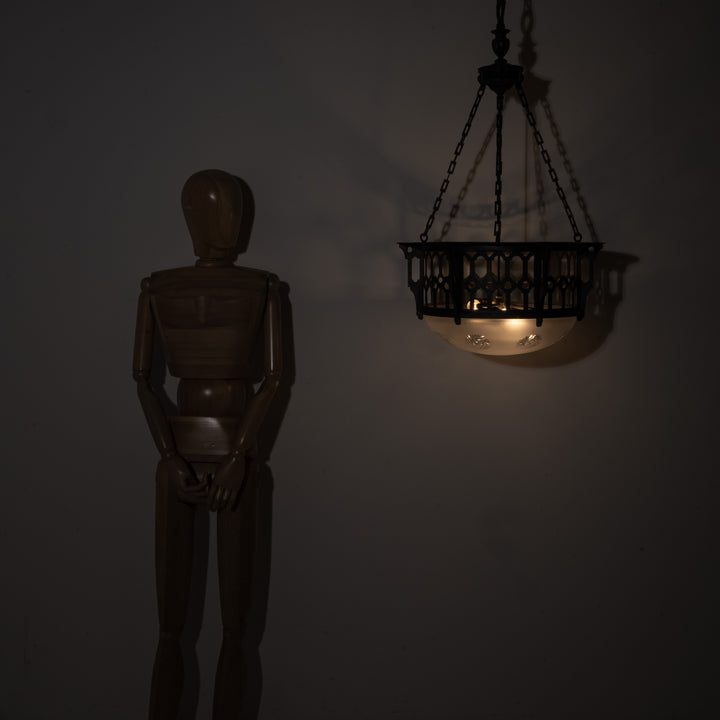 Large Scale Wrought Iron & Cast Brass Plafonnier with Rare Jefferson Satin & Cut Crystal Bowl