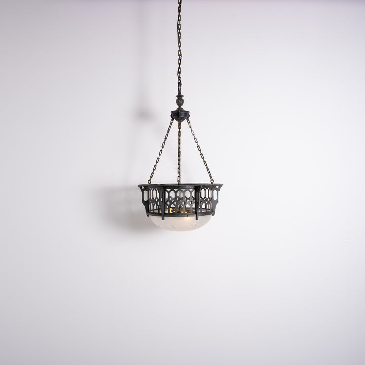 Large Scale Wrought Iron & Cast Brass Plafonnier with Rare Jefferson Satin & Cut Crystal Bowl