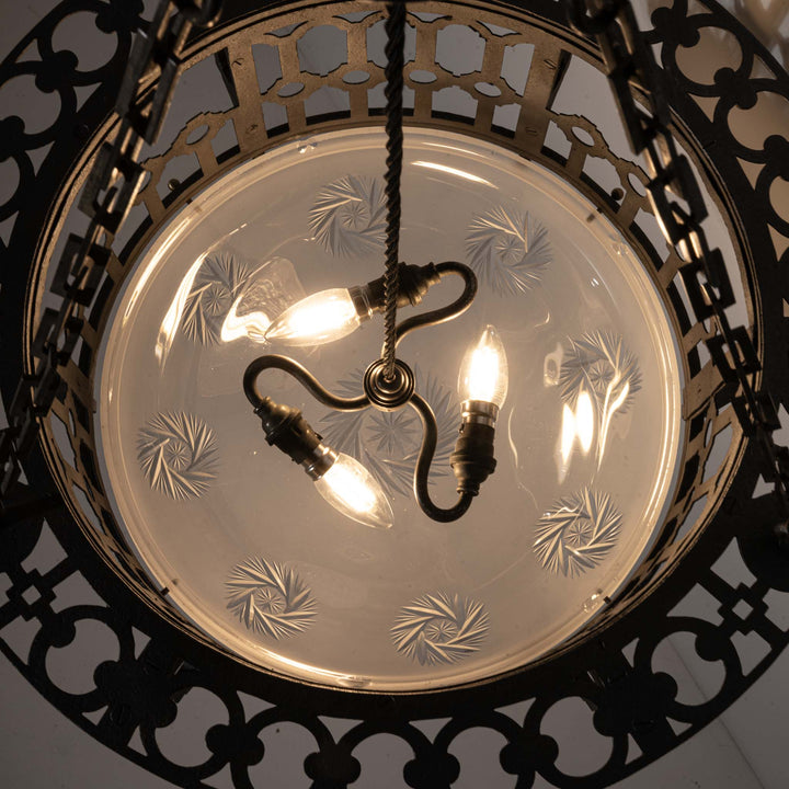 Large Scale Wrought Iron & Cast Brass Plafonnier with Rare Jefferson Satin & Cut Crystal Bowl