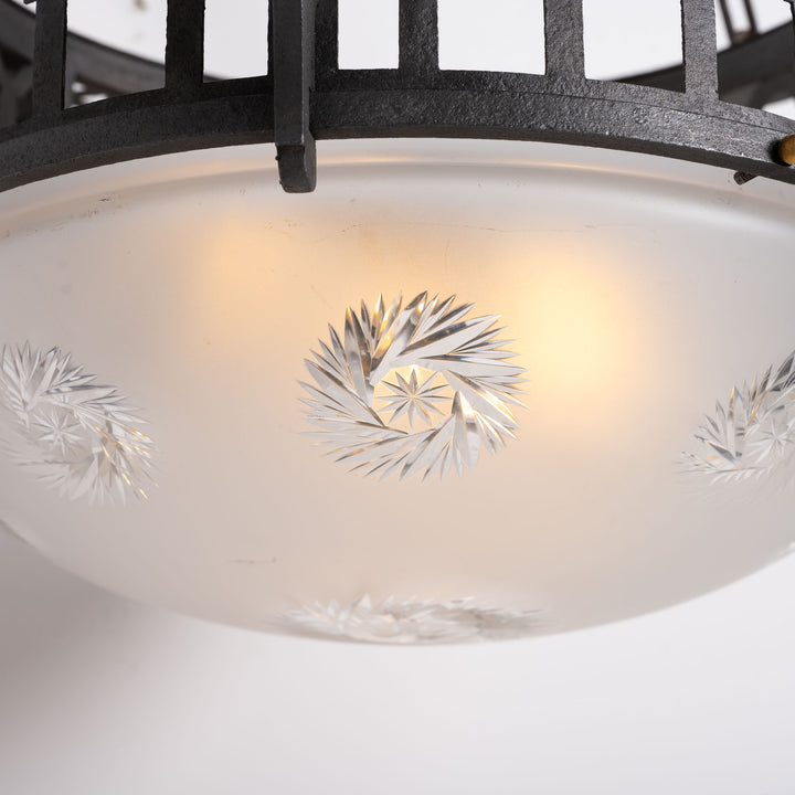 Large Scale Wrought Iron & Cast Brass Plafonnier with Rare Jefferson Satin & Cut Crystal Bowl