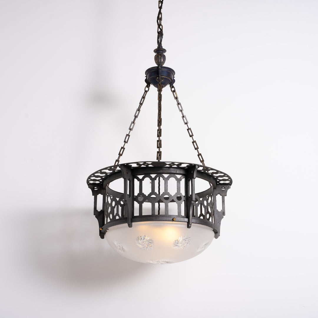 Large Scale Wrought Iron & Cast Brass Plafonnier with Rare Jefferson Satin & Cut Crystal Bowl
