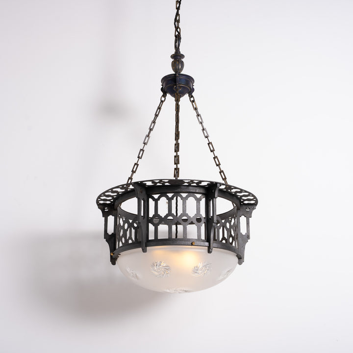 Large Scale Wrought Iron & Cast Brass Plafonnier with Rare Jefferson Satin & Cut Crystal Bowl