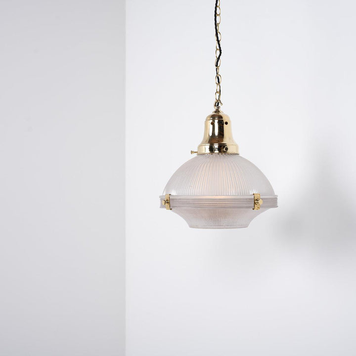 Large Two Part Vintage Holophane Pendant Lights with Polished Brass Fittings