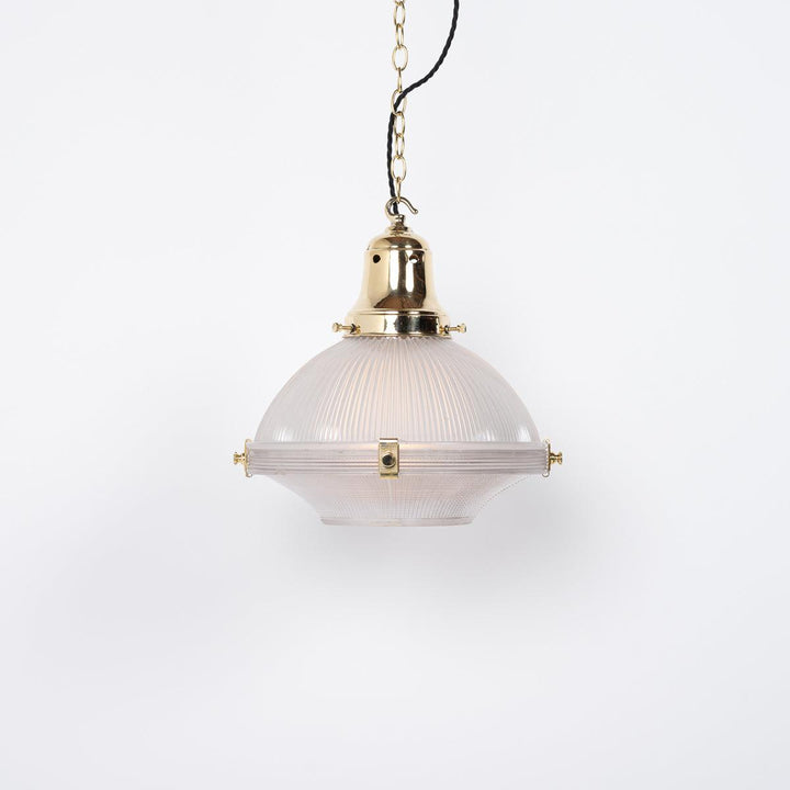 Large Two Part Vintage Holophane Pendant Lights with Polished Brass Fittings