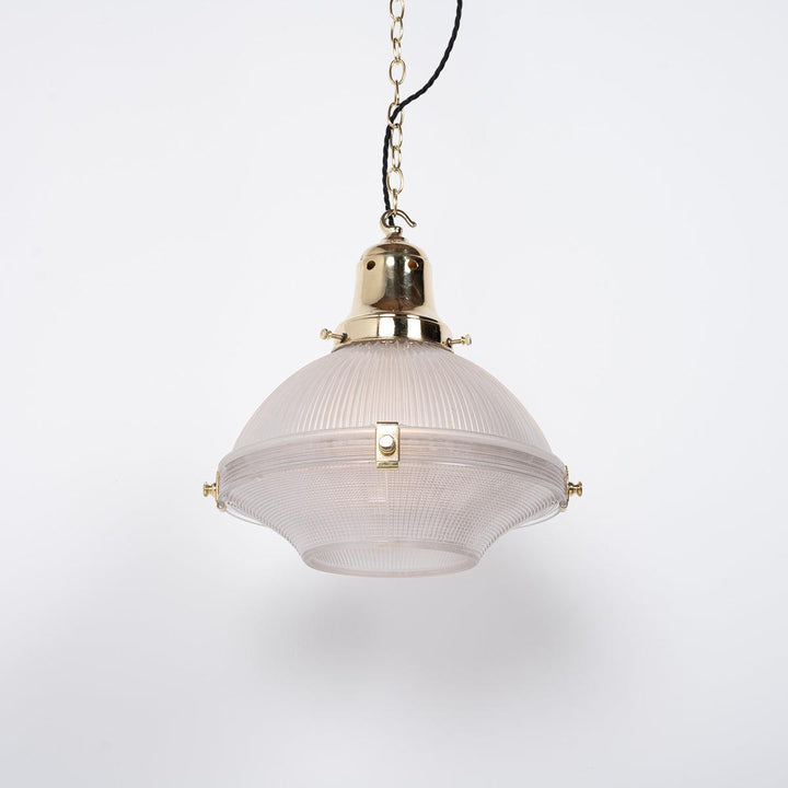 Large Two Part Vintage Holophane Pendant Lights with Polished Brass Fittings