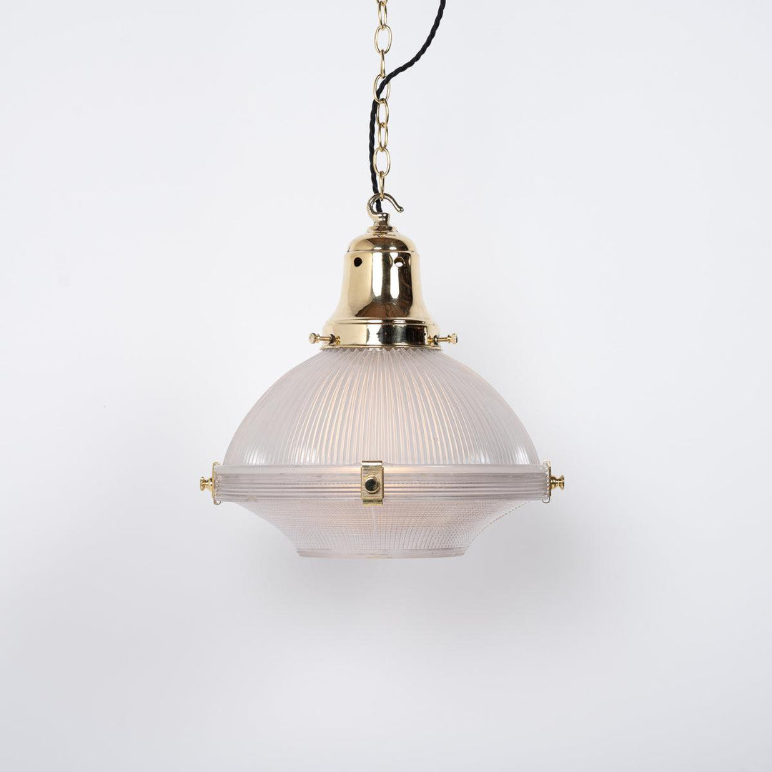 Large Two Part Vintage Holophane Pendant Lights with Polished Brass Fittings