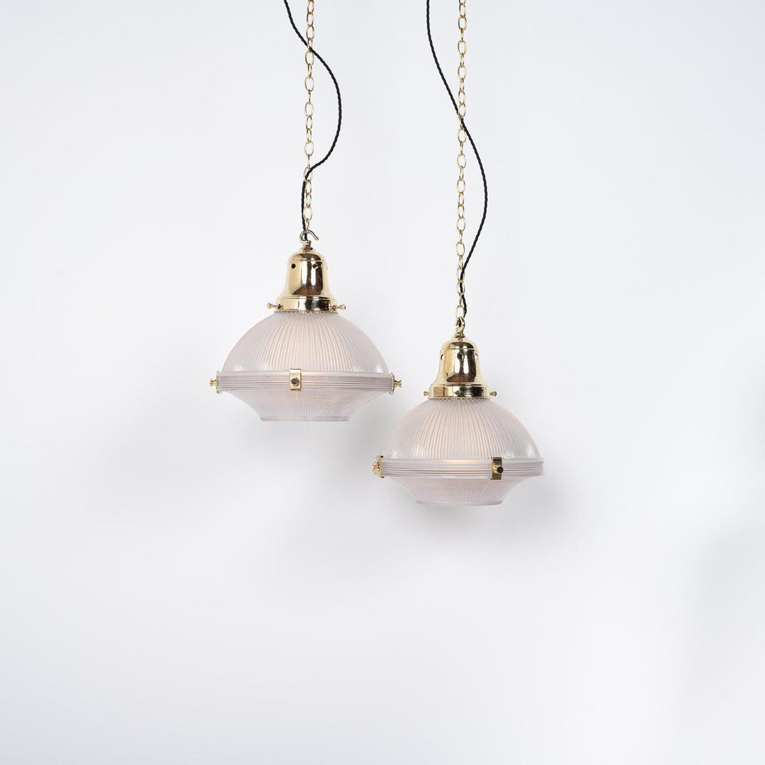 Large Two Part Vintage Holophane Pendant Lights with Polished Brass Fittings