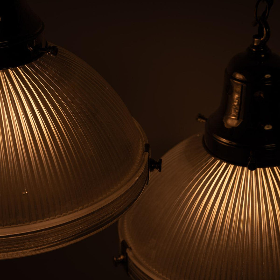 Large Two Part Vintage Holophane Pendant Lights with Polished Brass Fittings