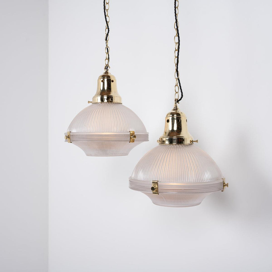 Large Two Part Vintage Holophane Pendant Lights with Polished Brass Fittings