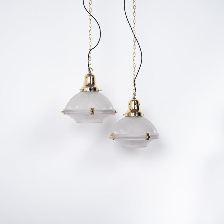 Large Two Part Vintage Holophane Pendant Lights with Polished Brass Fittings