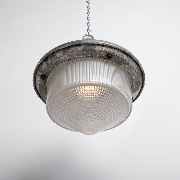 Large Vintage Holophane Cast Aluminium Enclosed Industrial Pendant Lights