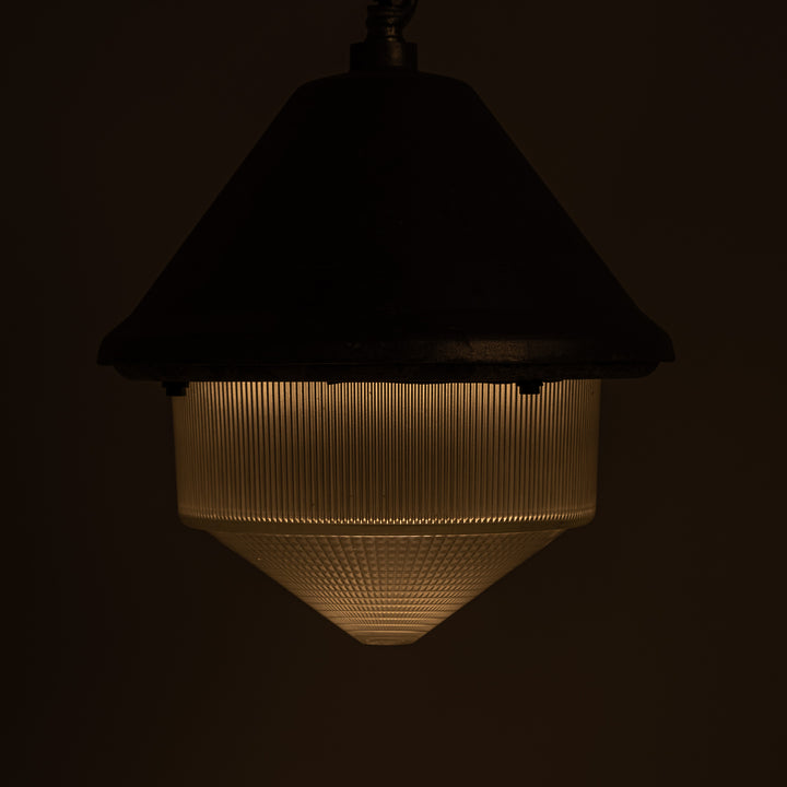 Large Vintage Holophane Cast Aluminium Enclosed Industrial Pendant Lights