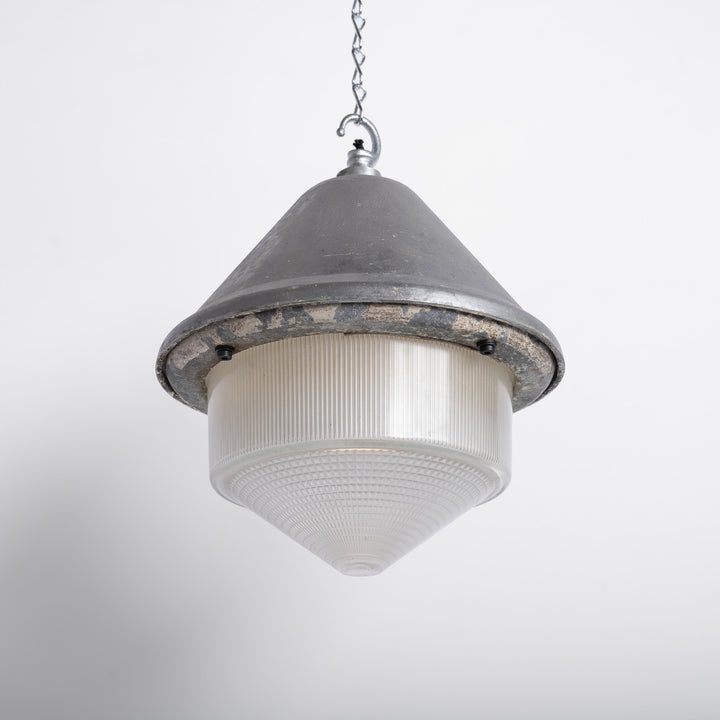 Large Vintage Holophane Cast Aluminium Enclosed Industrial Pendant Lights