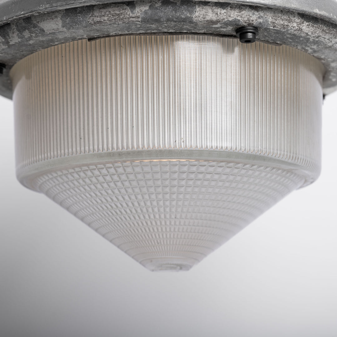 Large Vintage Holophane Cast Aluminium Enclosed Industrial Pendant Lights