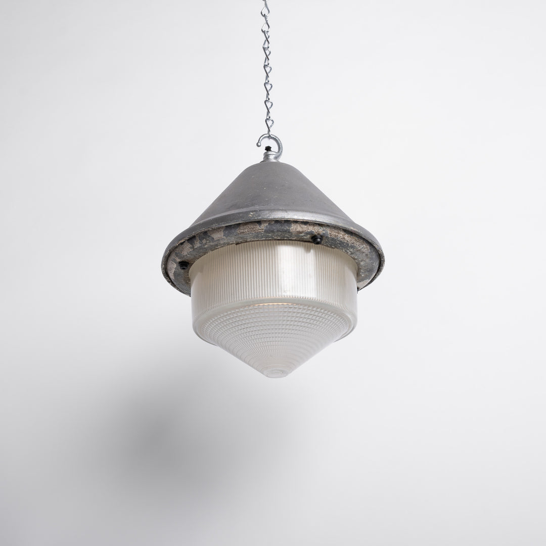 Large Vintage Holophane Cast Aluminium Enclosed Industrial Pendant Lights