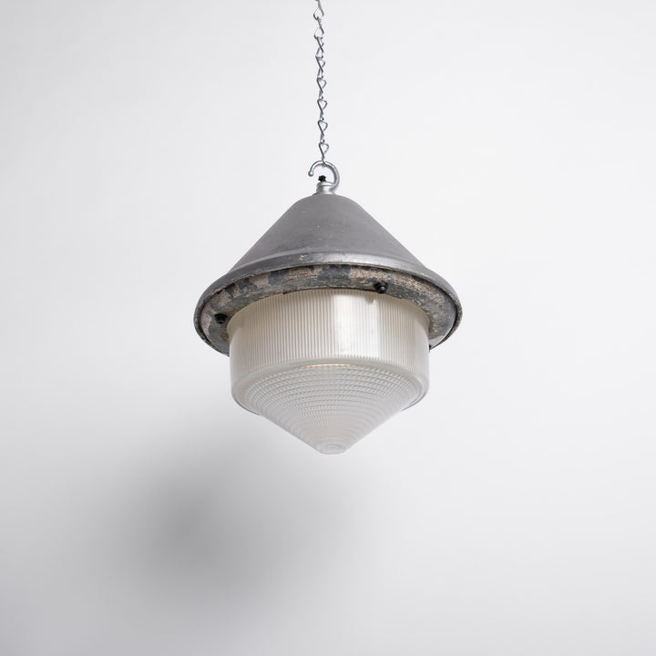 Large Vintage Holophane Cast Aluminium Enclosed Industrial Pendant Lights