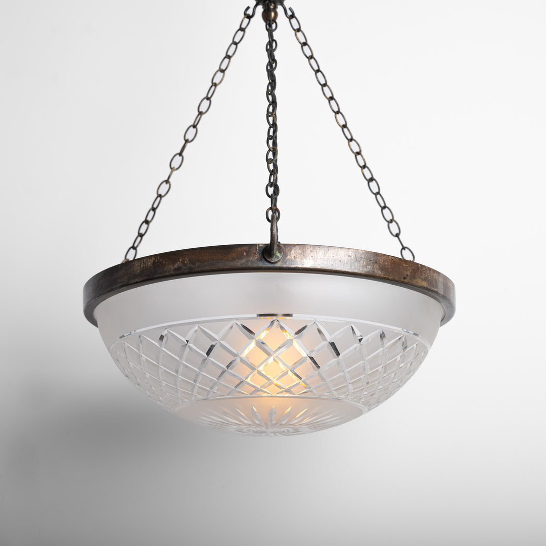 Matching Pair of Large Satin Cut Crystal Bowl Plafonniers in Aged Brass Frames