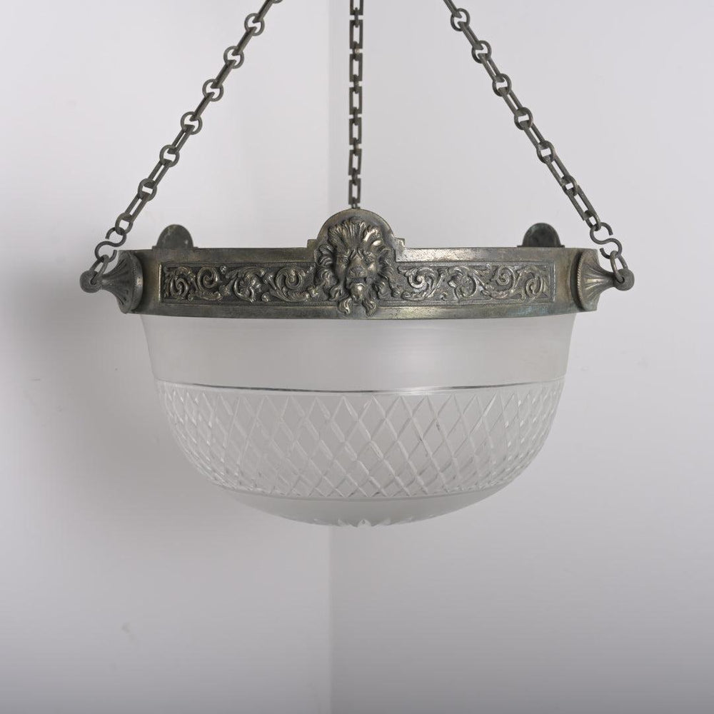Monumental Antique Lion’s Head Plafonnier Pendant with Satin Cut Crystal Bowl