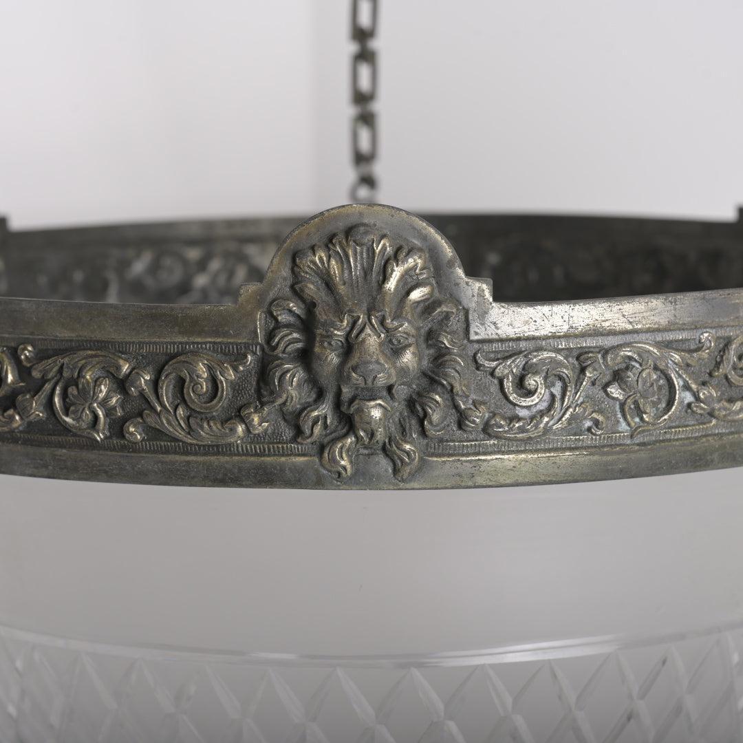 Monumental Antique Lion’s Head Plafonnier Pendant with Satin Cut Crystal Bowl
