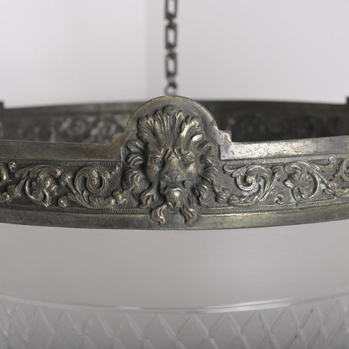 Monumental Antique Lion’s Head Plafonnier Pendant with Satin Cut Crystal Bowl