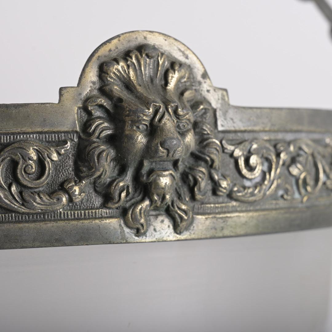 Monumental Antique Lion’s Head Plafonnier Pendant with Satin Cut Crystal Bowl