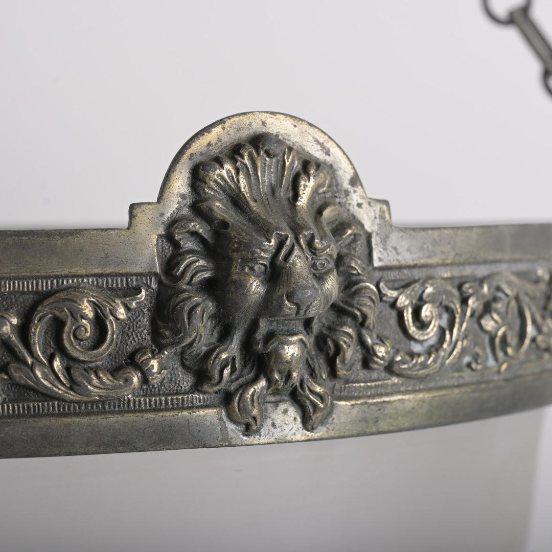 Monumental Antique Lion’s Head Plafonnier Pendant with Satin Cut Crystal Bowl