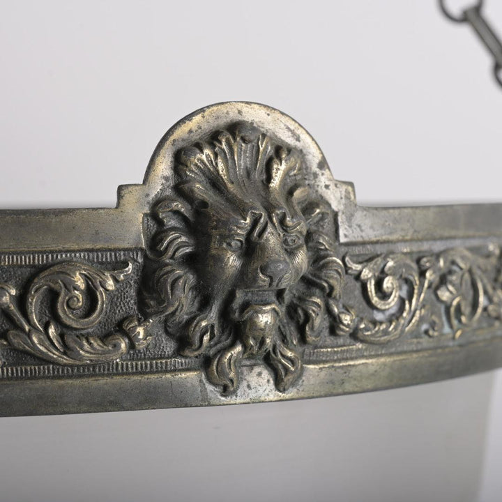 Monumental Antique Lion’s Head Plafonnier Pendant with Satin Cut Crystal Bowl