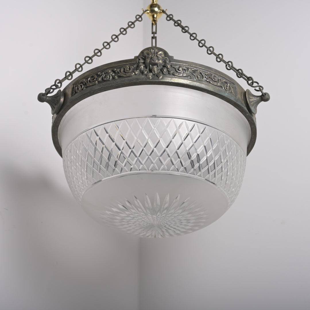 Monumental Antique Lion’s Head Plafonnier Pendant with Satin Cut Crystal Bowl