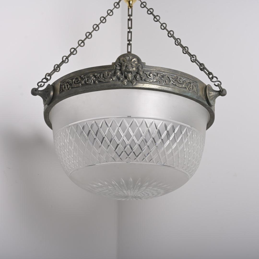 Monumental Antique Lion’s Head Plafonnier Pendant with Satin Cut Crystal Bowl