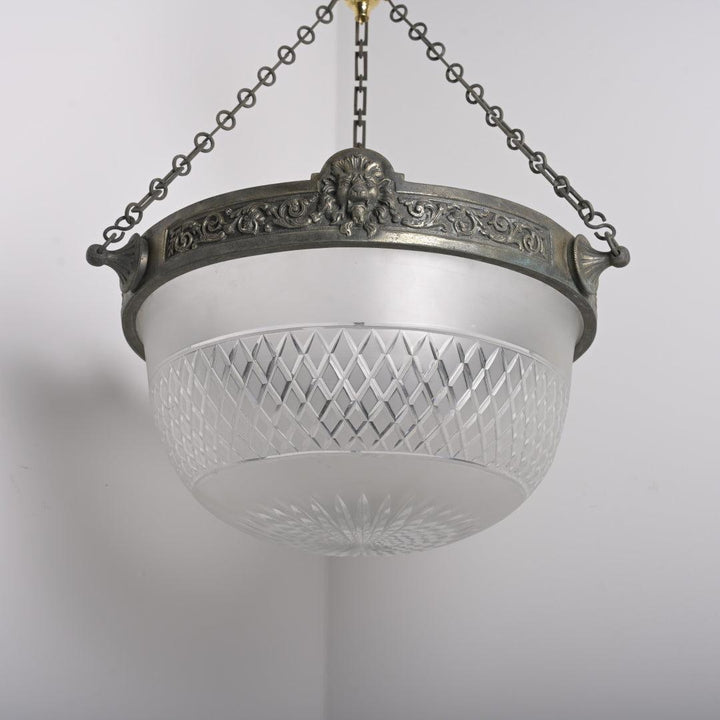 Monumental Antique Lion’s Head Plafonnier Pendant with Satin Cut Crystal Bowl