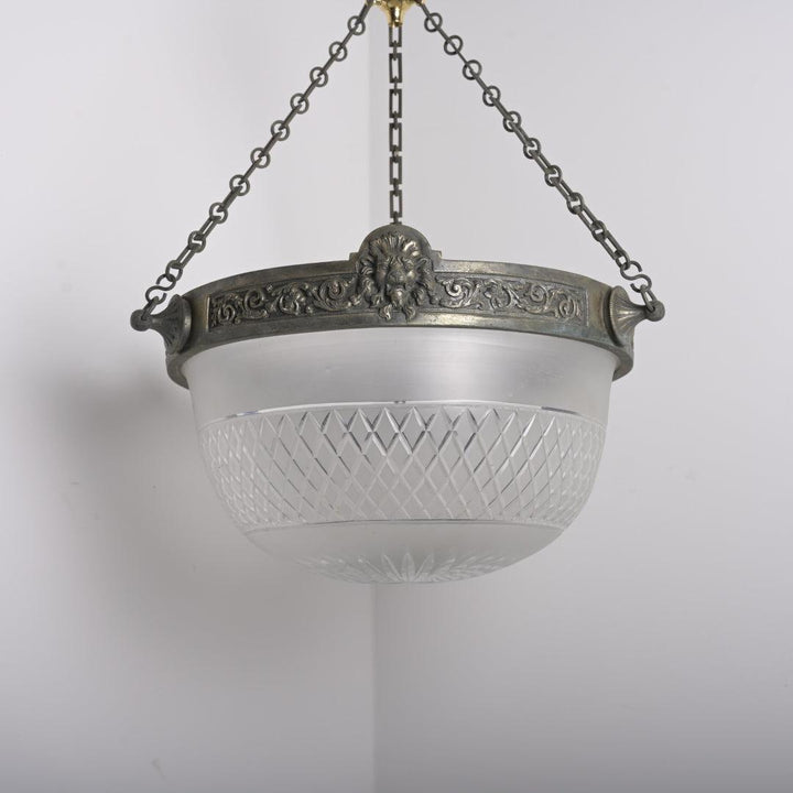 Monumental Antique Lion’s Head Plafonnier Pendant with Satin Cut Crystal Bowl