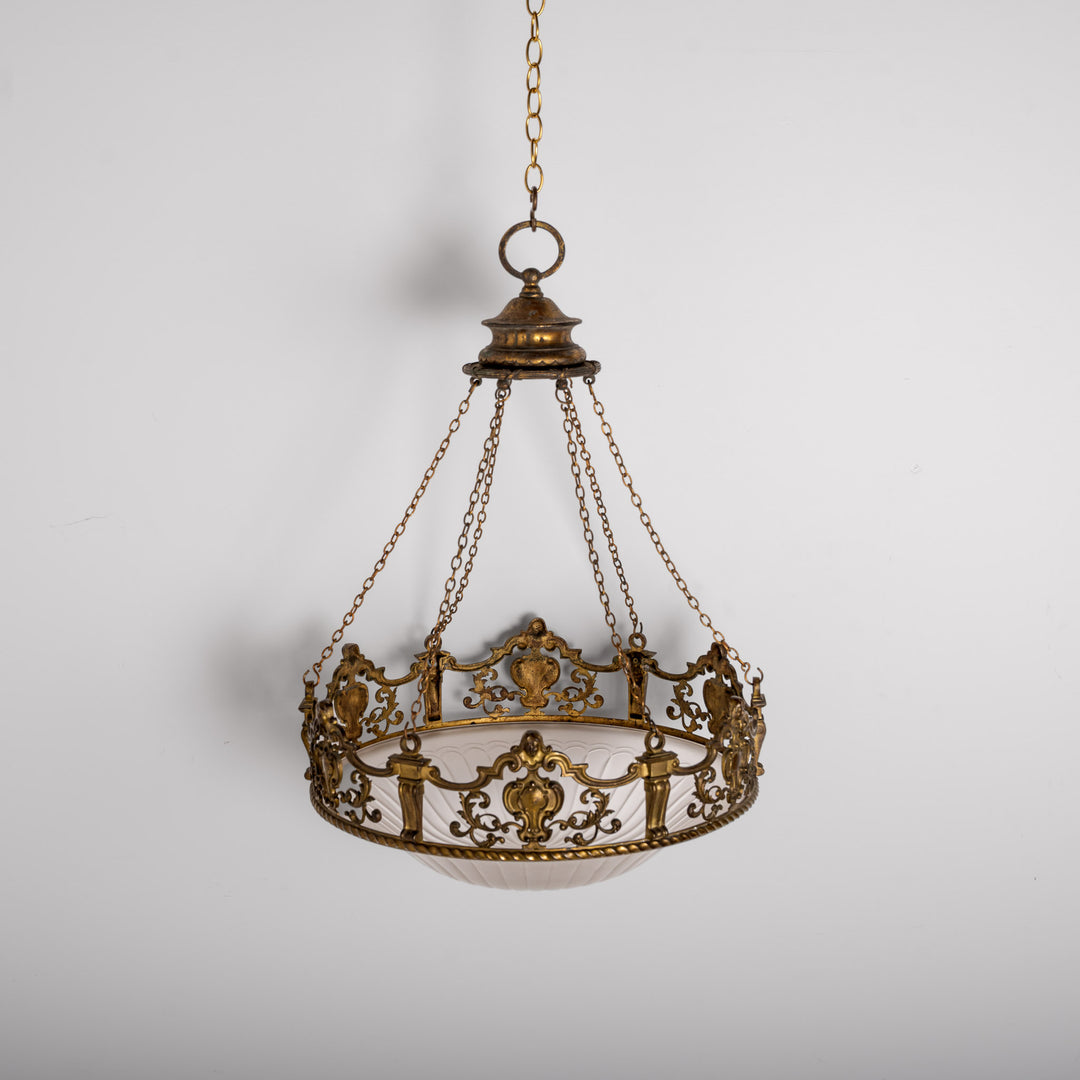 Monumental F. & C. Osler Satin Cut Crystal Plafonnier with Baroque Cast Bronze Crown Gallery