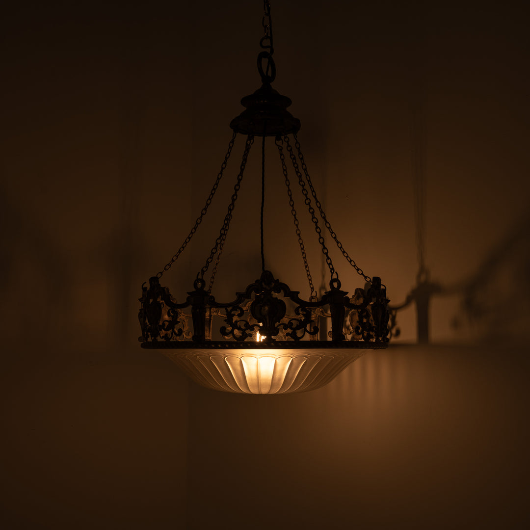 Monumental F. & C. Osler Satin Cut Crystal Plafonnier with Baroque Cast Bronze Crown Gallery