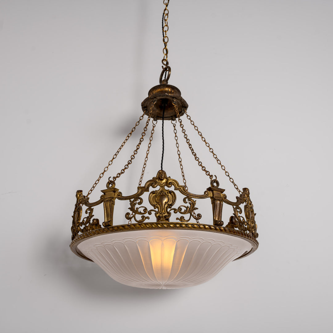 Monumental F. & C. Osler Satin Cut Crystal Plafonnier with Baroque Cast Bronze Crown Gallery