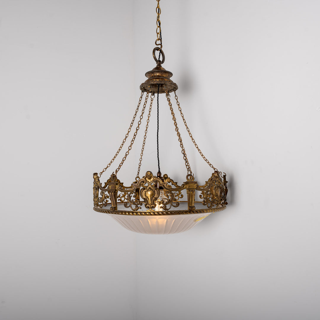Monumental F. & C. Osler Satin Cut Crystal Plafonnier with Baroque Cast Bronze Crown Gallery