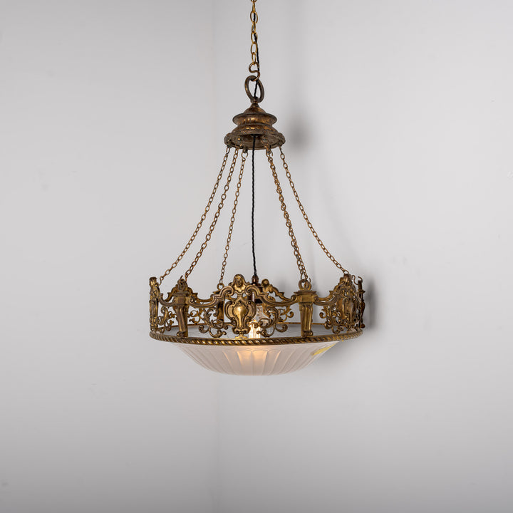 Monumental F. & C. Osler Satin Cut Crystal Plafonnier with Baroque Cast Bronze Crown Gallery