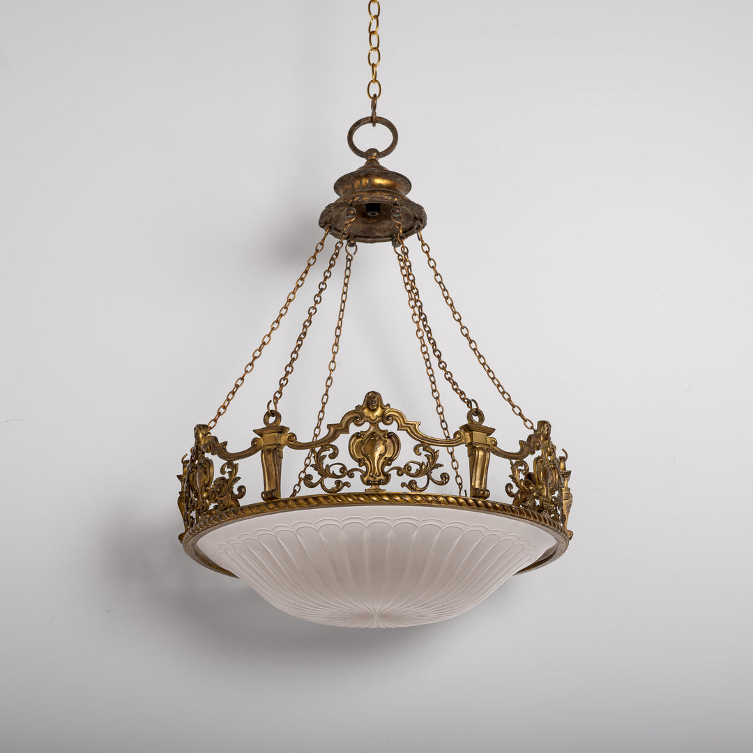 Monumental F. & C. Osler Satin Cut Crystal Plafonnier with Baroque Cast Bronze Crown Gallery