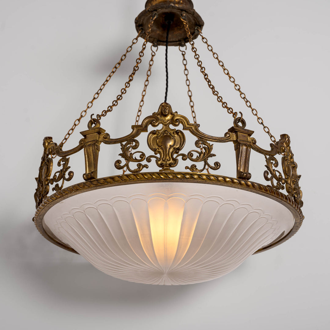 Monumental F. & C. Osler Satin Cut Crystal Plafonnier with Baroque Cast Bronze Crown Gallery