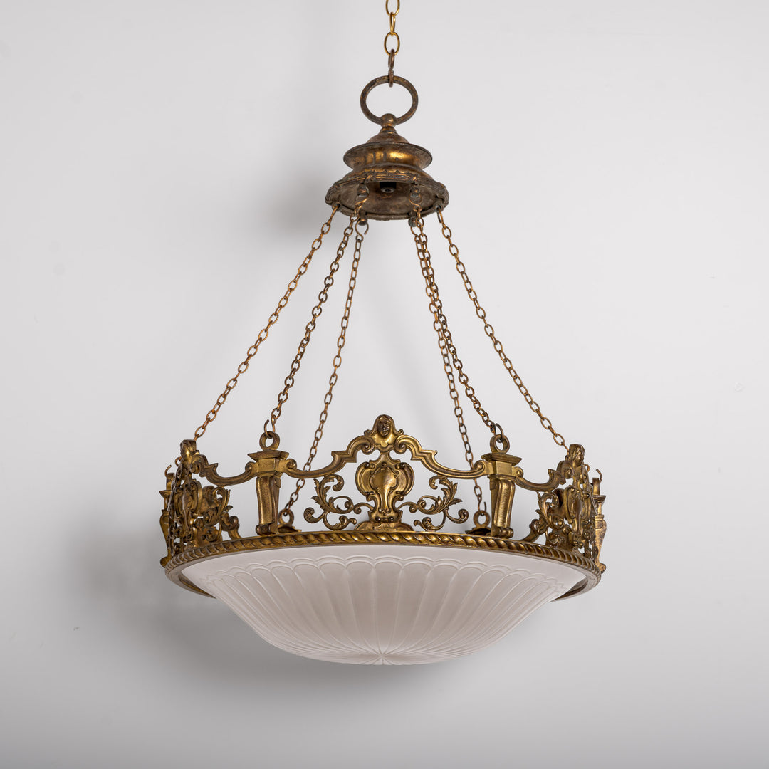 Monumental F. & C. Osler Satin Cut Crystal Plafonnier with Baroque Cast Bronze Crown Gallery