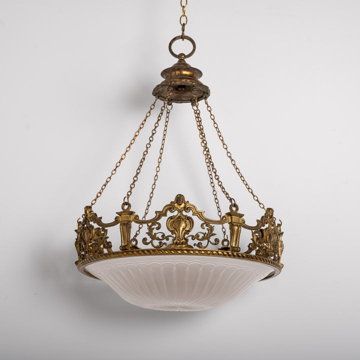 Monumental F. & C. Osler Satin Cut Crystal Plafonnier with Baroque Cast Bronze Crown Gallery