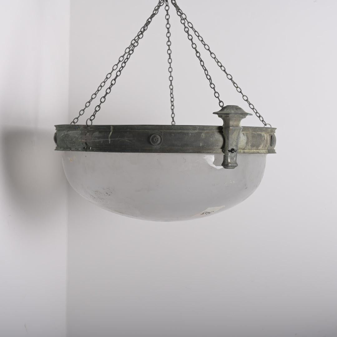 Monumental Faraday & Son Bronze Plafonnier with Huge Satin & Gloss Glass Bowl