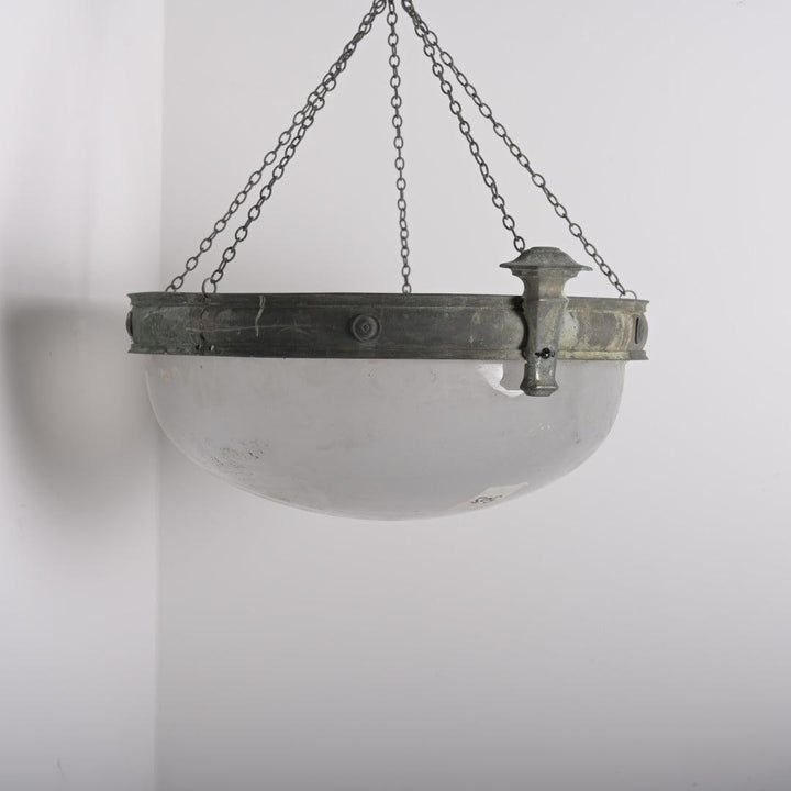 Monumental Faraday & Son Bronze Plafonnier with Huge Satin & Gloss Glass Bowl