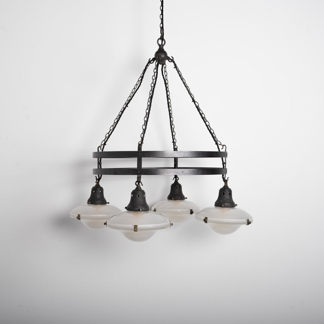 Monumental Wrought Iron Church Chandelier Ring with Four Holophane Ripple-Lite Prismatic Glass Shades