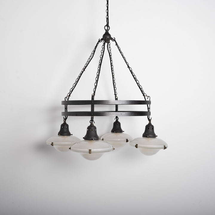 Monumental Wrought Iron Church Chandelier Ring with Four Holophane Ripple-Lite Prismatic Glass Shades