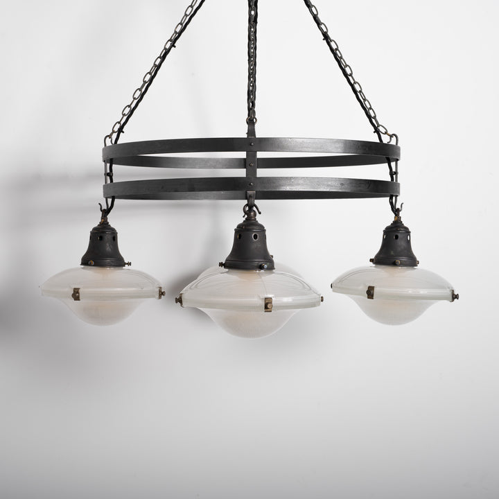 Monumental Wrought Iron Church Chandelier Ring with Four Holophane Ripple-Lite Prismatic Glass Shades