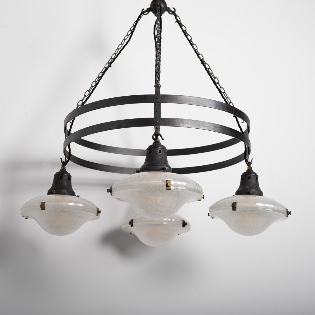 Monumental Wrought Iron Church Chandelier Ring with Four Holophane Ripple-Lite Prismatic Glass Shades