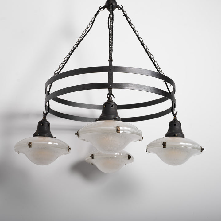 Monumental Wrought Iron Church Chandelier Ring with Four Holophane Ripple-Lite Prismatic Glass Shades