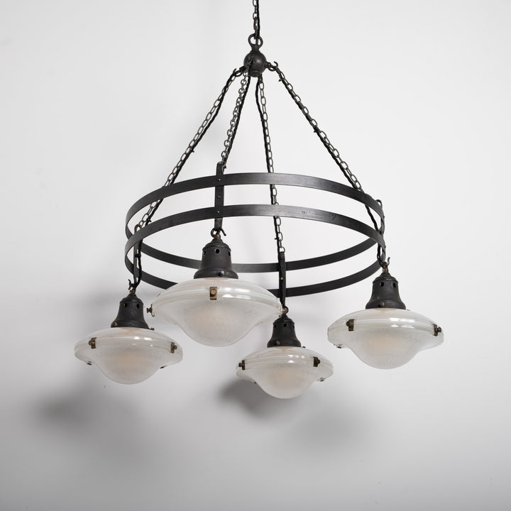Monumental Wrought Iron Church Chandelier Ring with Four Holophane Ripple-Lite Prismatic Glass Shades